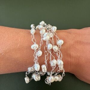 Handmade Silver Wire Multi-Strand Freshwater Pearl Bracelet – Elegant Boho Style